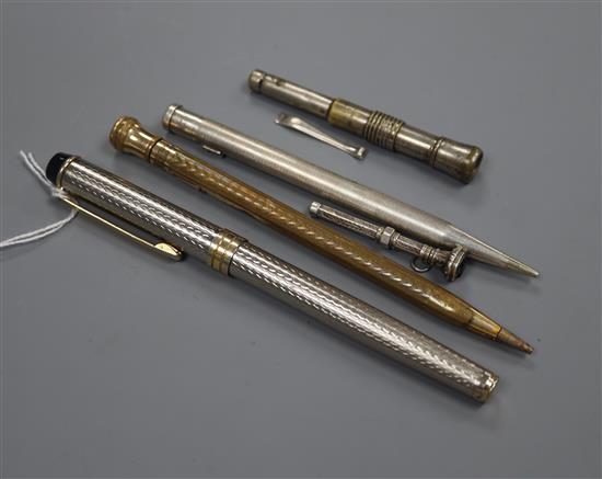 A silver yard-o-led pencil, pen, two others and cigar piercer